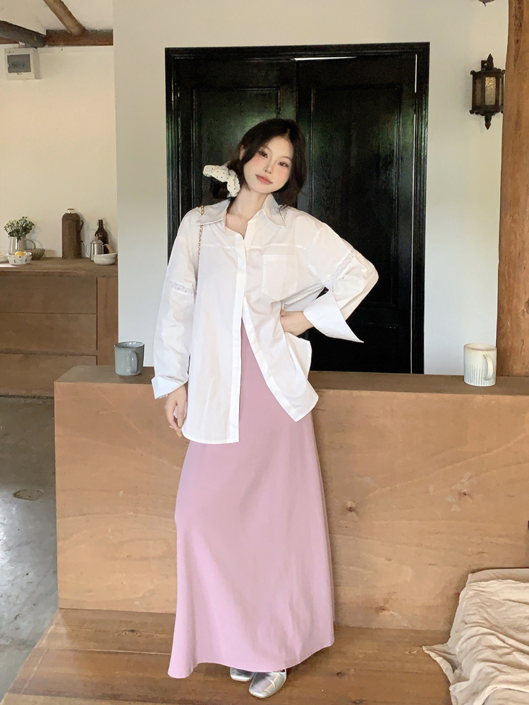 Real photo of white hollow spliced ​​sunscreen shirt waist-hugging sleeveless suspender hip-packing dress two-piece set