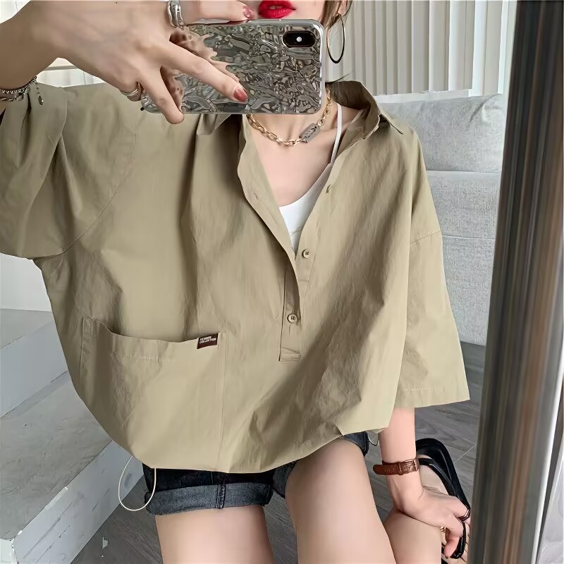 夏季大碼女裝工裝風polo領短袖襯衫胖MM2-300斤束繩收腰顯瘦上衣