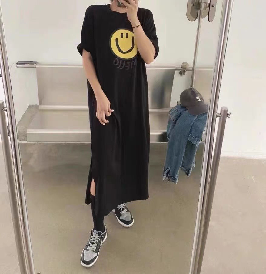 2025 summer new Korean fashion T-shirt women's printed slit dress loose large size women's clothing