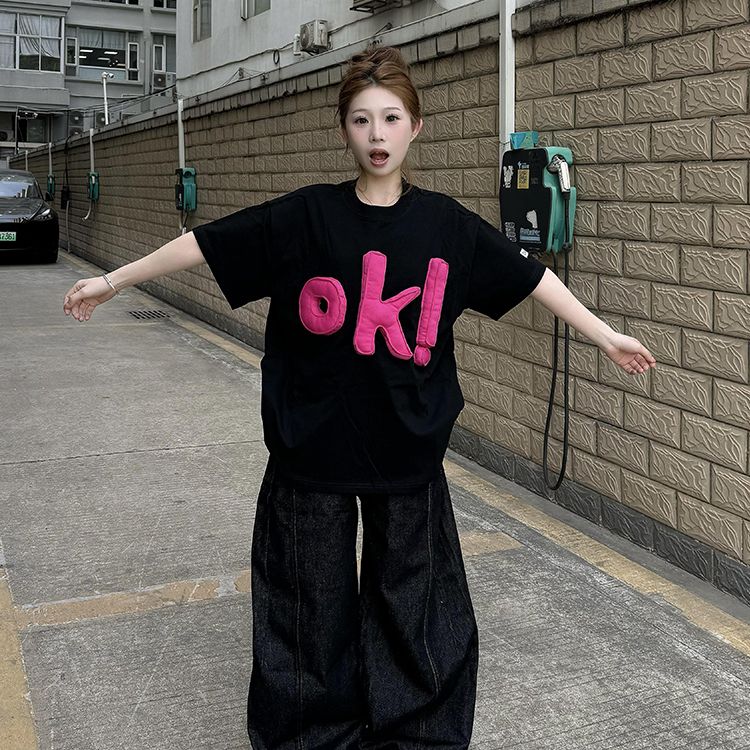 韓國chic純棉後包領2025夏季新款韓版袖子訂標寬鬆短袖T恤女上衣