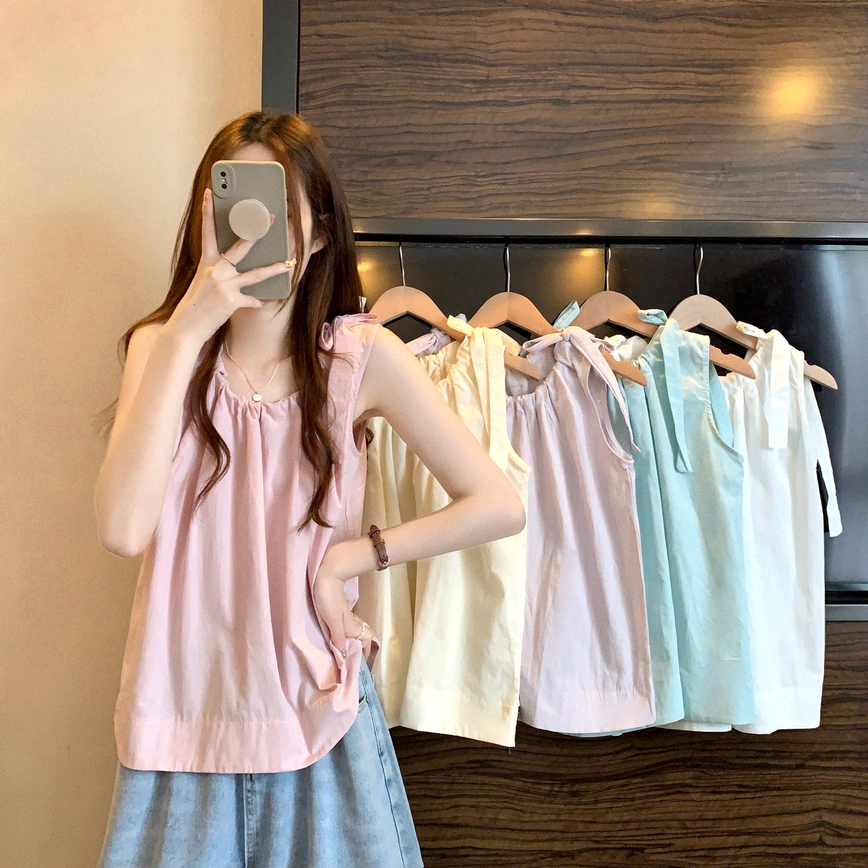 Real shot, new Korean style summer gentle solid color simple suspender doll shirt
