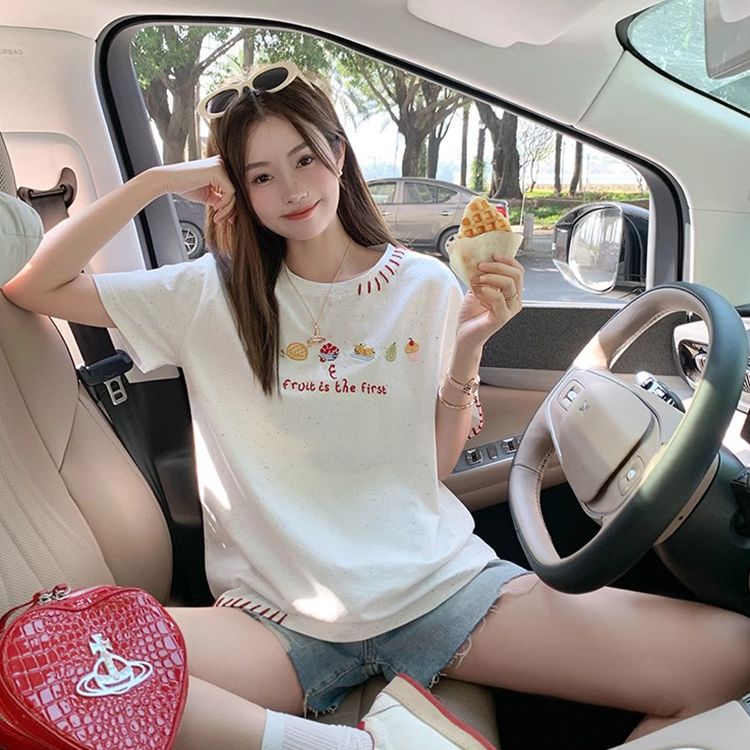 Cotton Korean chic summer new Korean style loose slimming letter embroidery short sleeve t-shirt women versatile top trendy