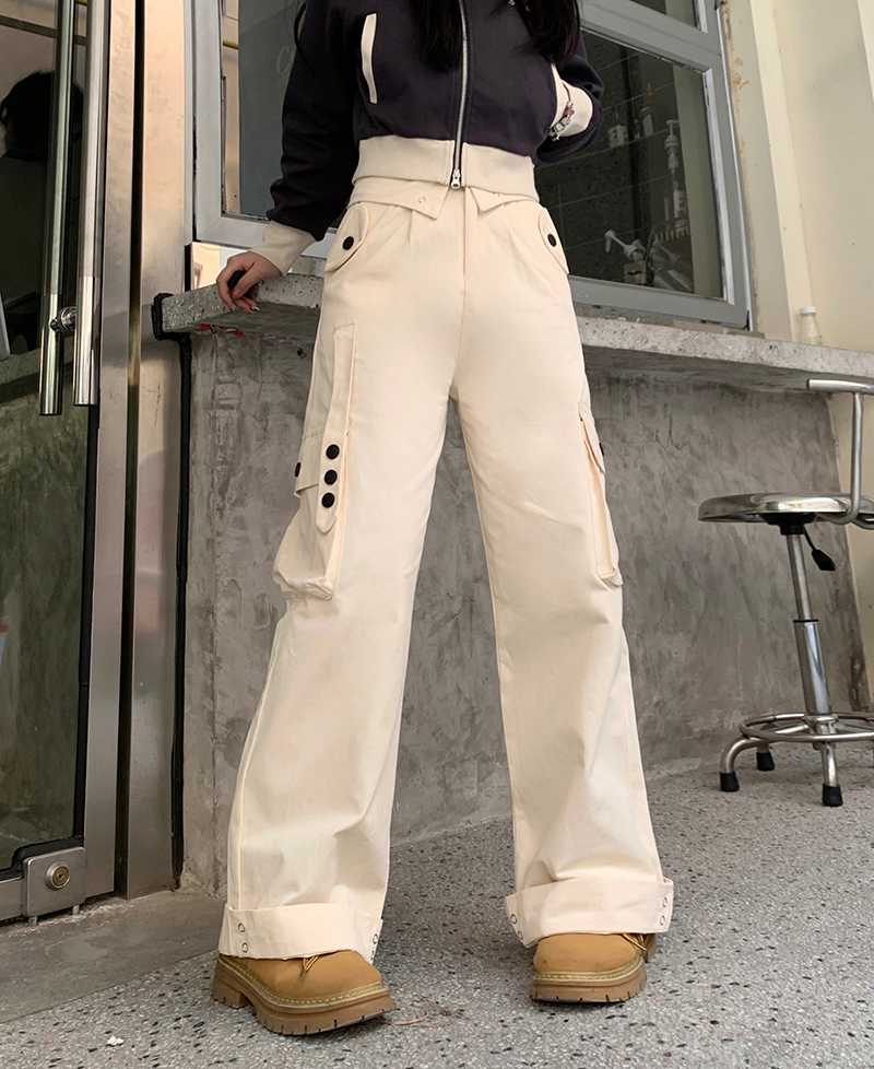 Real photo of washing cotton work pants for women in spring and autumn multi-pocket straight pants American street casual pants