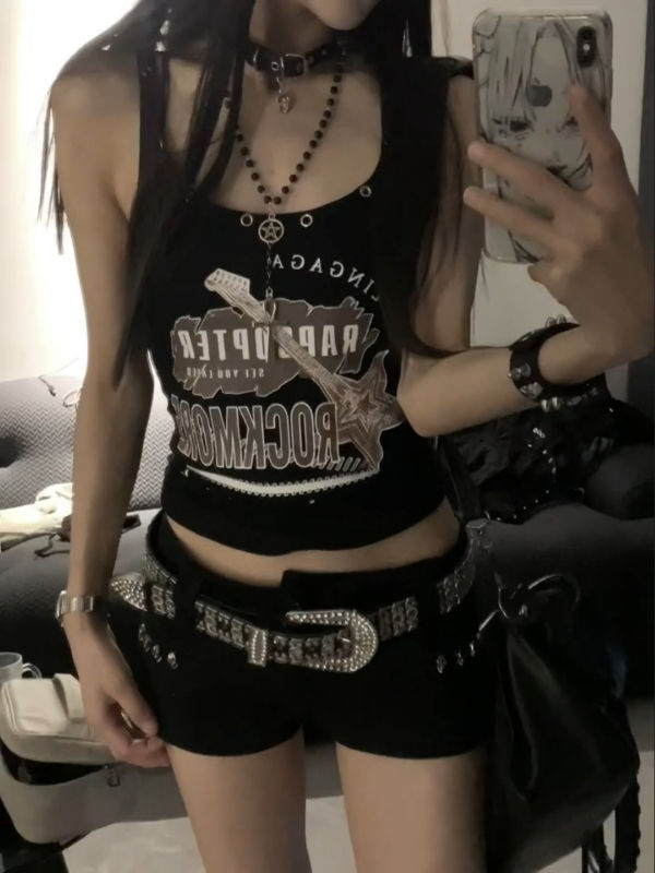 純棉美式復古辣妹字母印花吊帶夏季新款設計感金屬圓環短款背心女