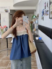 2025夏季百搭復古牛仔色吊帶雪紡拼接荷葉邊設計感小眾背心上衣