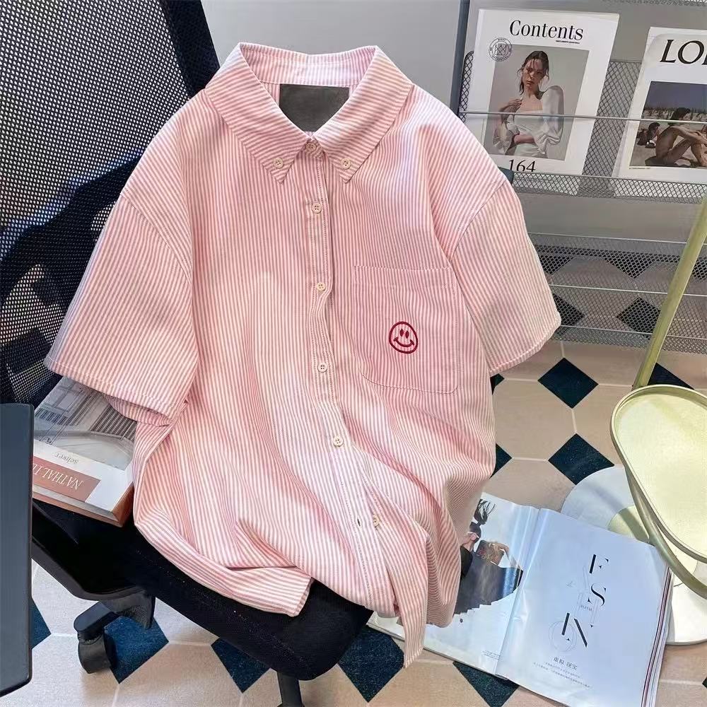 Korean new style smiling short-sleeved shirt jacket for women summer pink striped shirt loose casual college style top