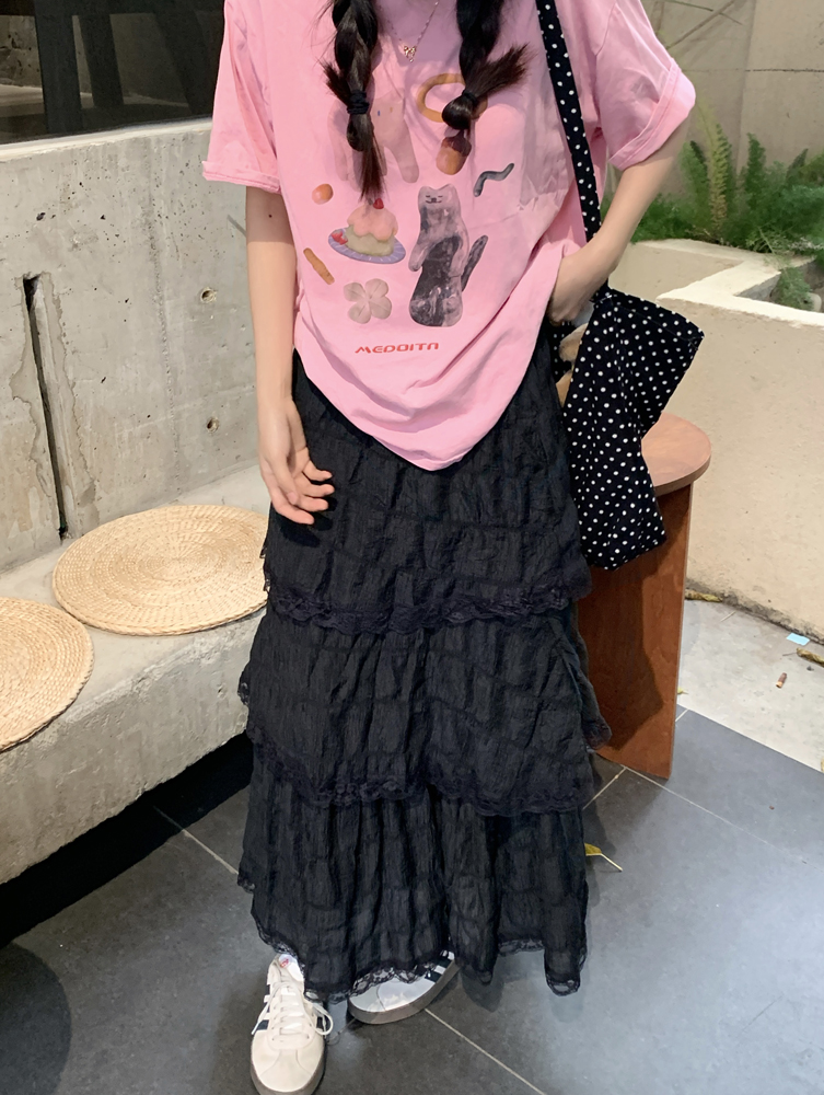 Real shot of elegant lace skirt versatile sweet high-waisted A-line skirt
