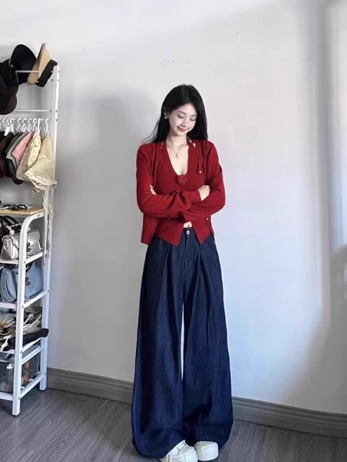 kumikumi casual suit red vest long sleeve knitted cardigan women's spring