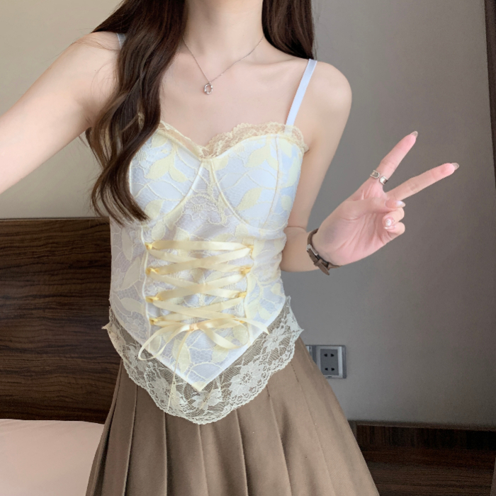 Real shot of sexy sweet and spicy fish bone French base pure lace top small suspender vest women's inner wear with breast pad