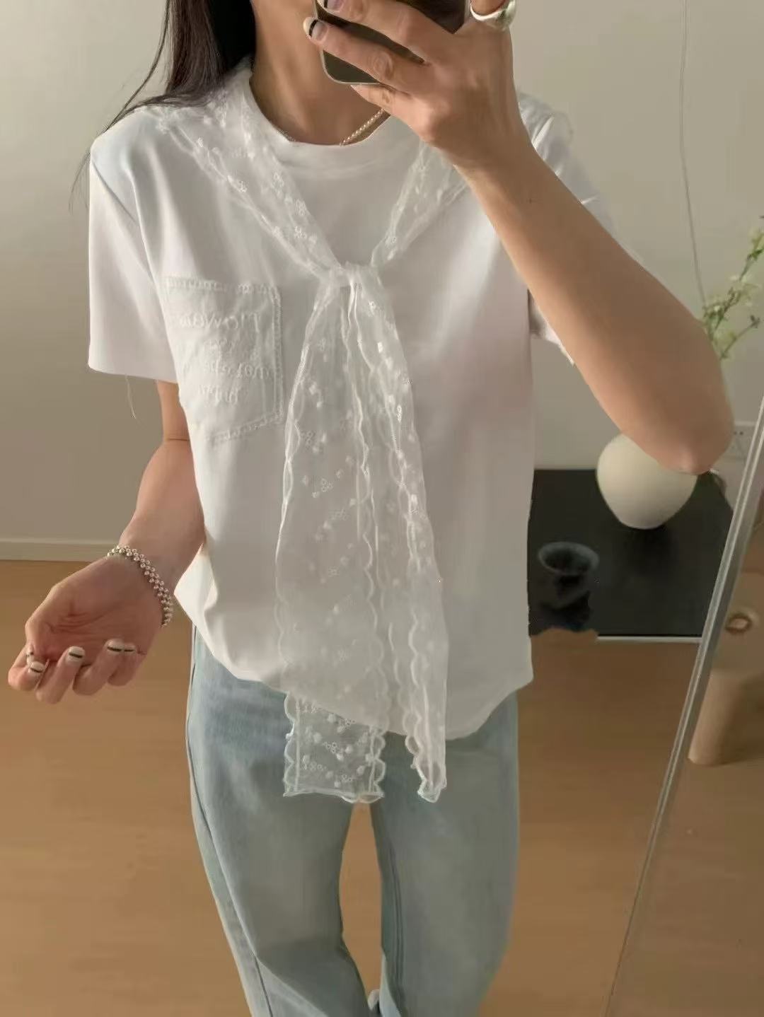 2025 spring new Korean style fashionable design niche slim and loose versatile cotton T-shirt top