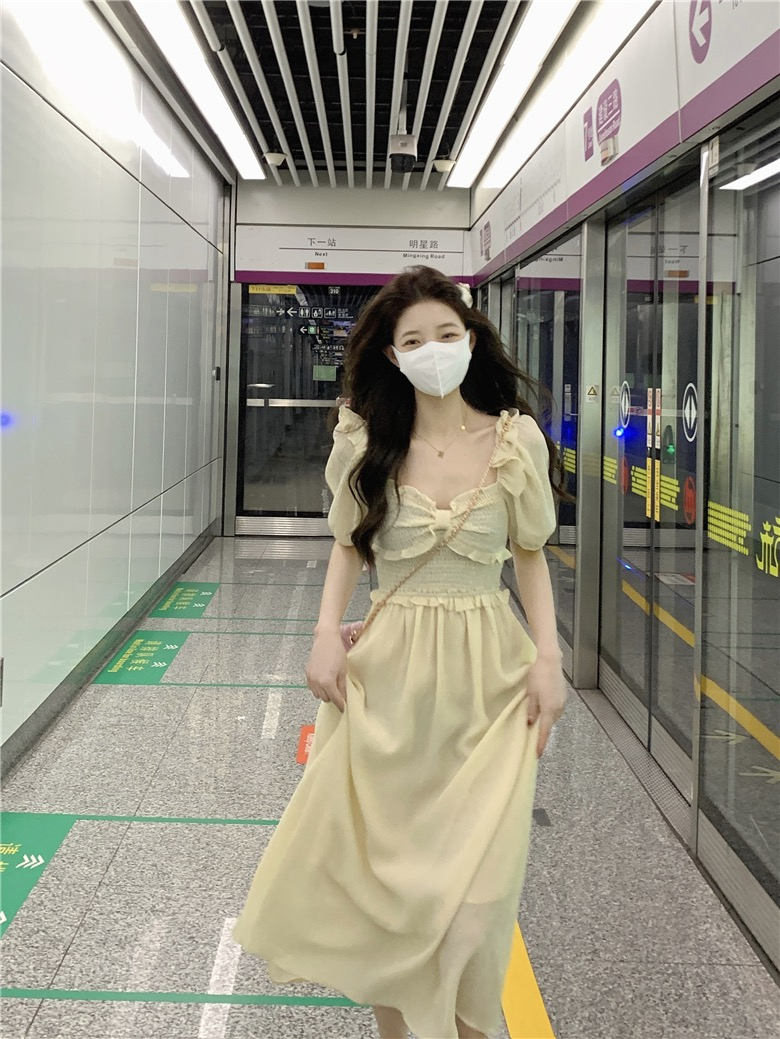 2025 Korean summer new first love long skirt for women French sweet bows to make them look thin and age-reducing dress