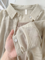 Korean early autumn new Korean lapel solid color shirt loose breathable sunscreen jacket shirt 85 people cotton 15 brocade