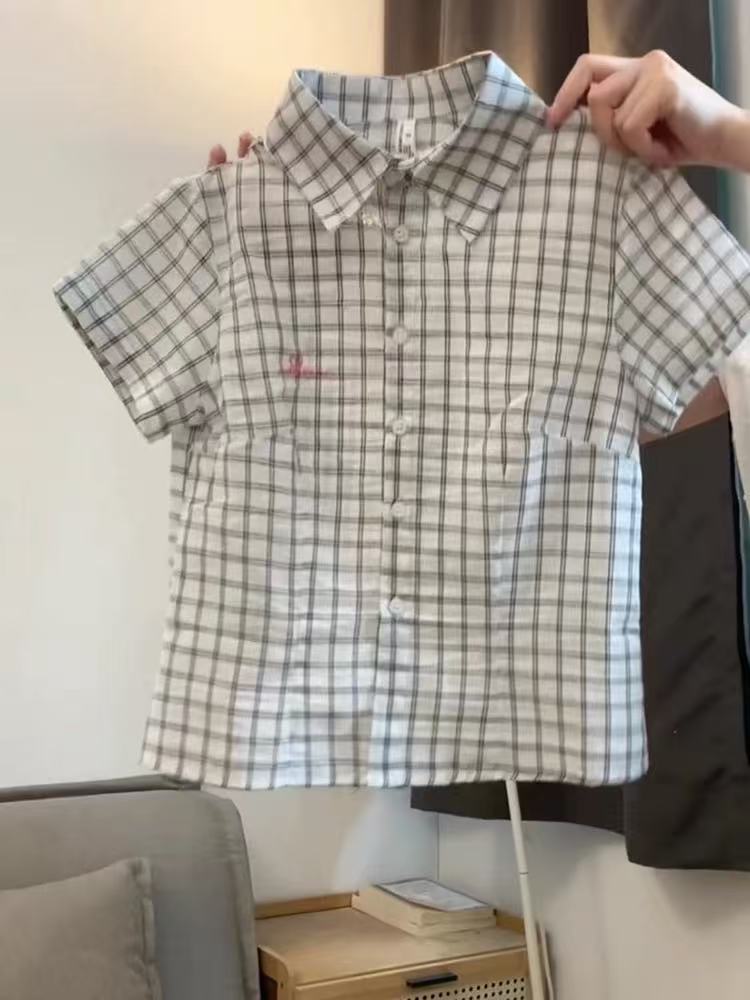 College plaid short-sleeved shirt plaid 2025 summer new Korean short retro slim top shirt