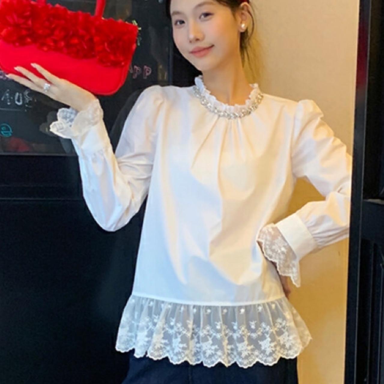 純棉新款韓版重工釘珠假兩件蕾絲拼接長袖襯衫女洋氣別致上衣潮