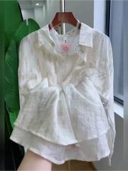 POLO neck long-sleeved sunscreen shirt for women ink printing cardigan jacket 2025 summer light and breathable loose top