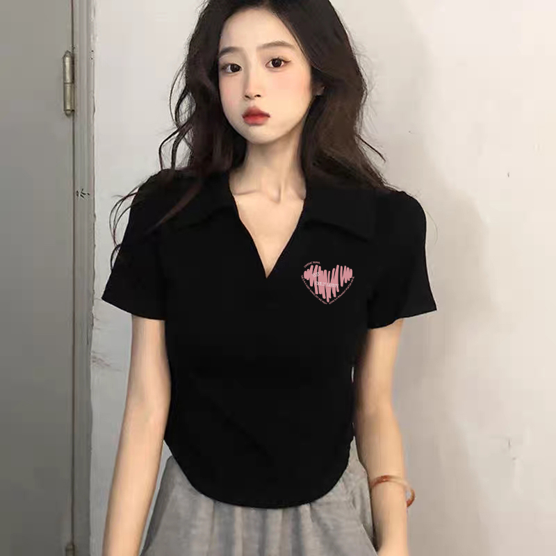 95 cotton 5 spandex quality white irregular polo collar short sleeve shoulder T-shirt for women for summer