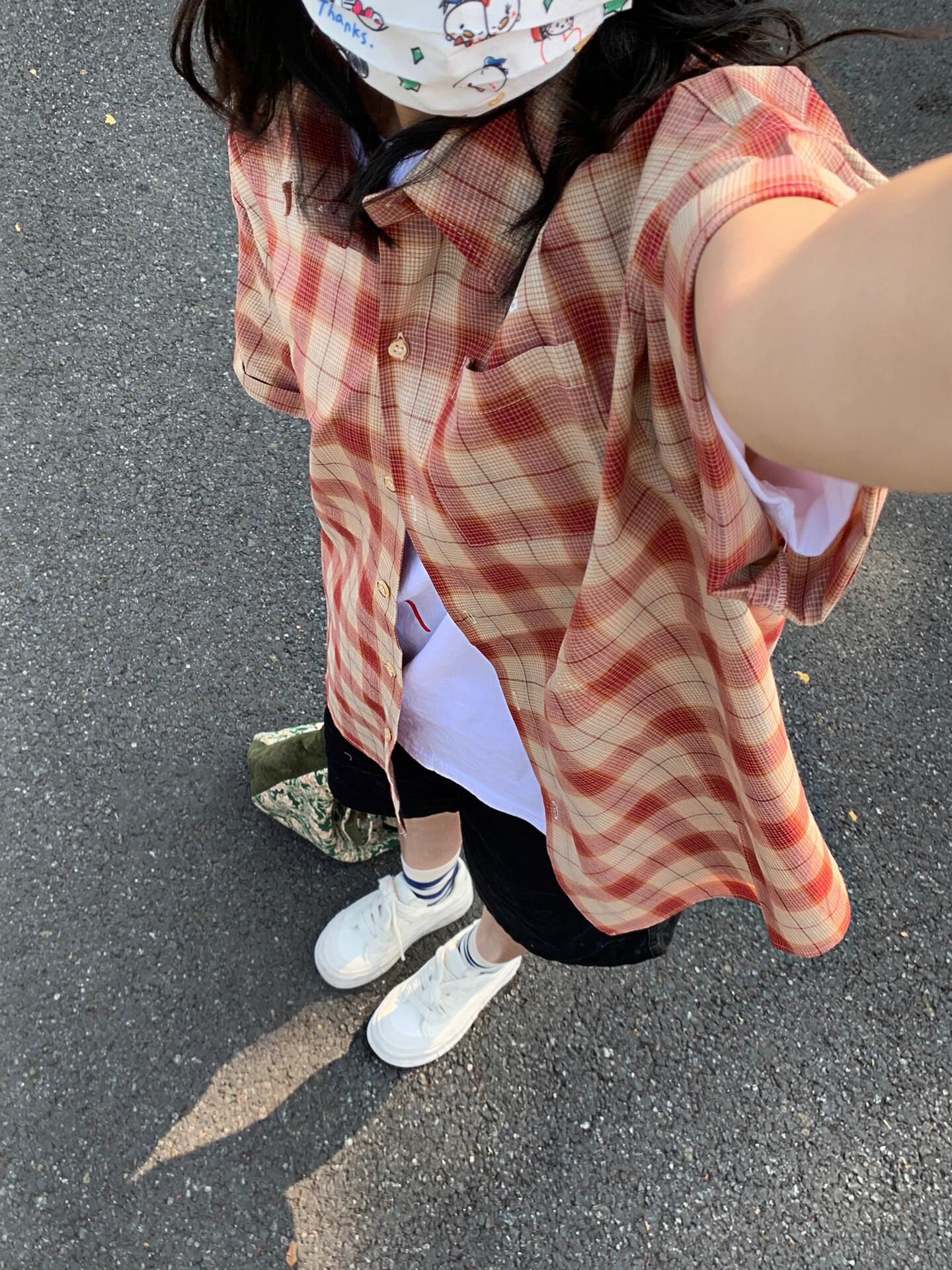 純棉 新款短袖襯衫設計感小眾復古格紋寬鬆休閒襯衣時尚百搭上衣