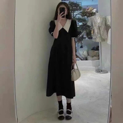 Hepburn style puff sleeve dress for women with summer French temperament waist-hugging skirt retro black doll collar