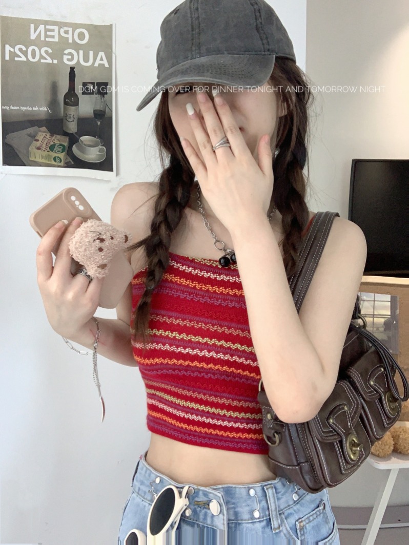 抹胸小眾彩色條紋吊帶美背背心女夏季辣妹短款內搭外穿設計感上衣