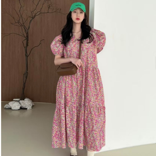 South Korea Dongdaemun 2025 summer V-neck short-sleeved puff sleeve floral dress soft skirt