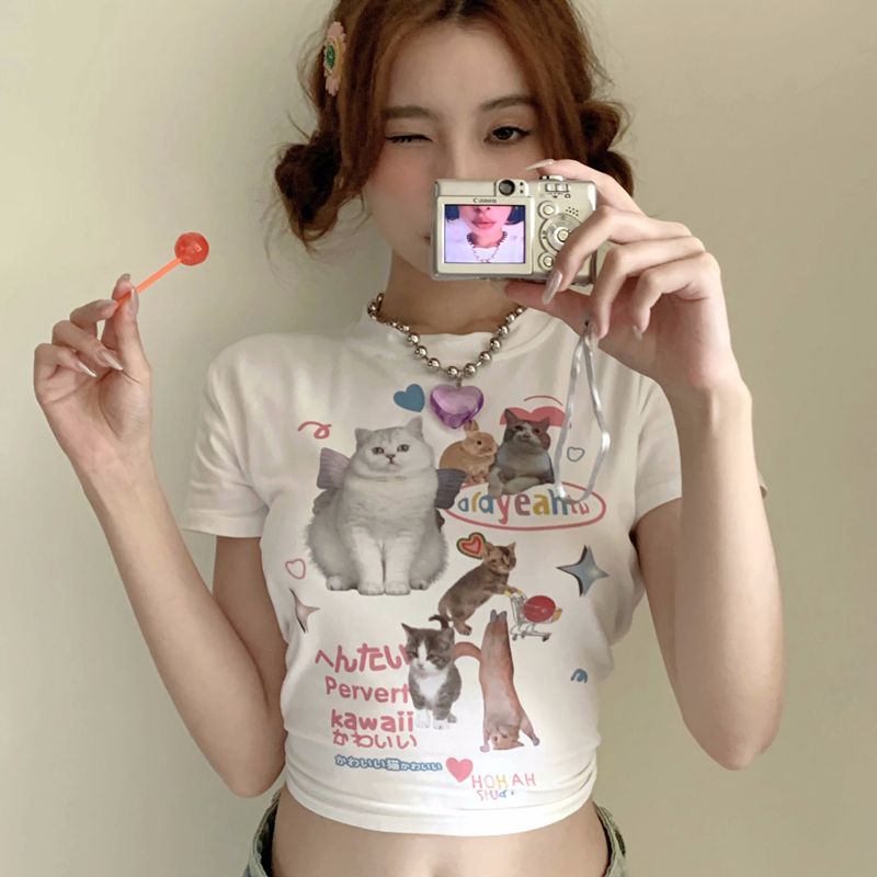 Sweet cat girl short sleeve sexy tight shoulder short top