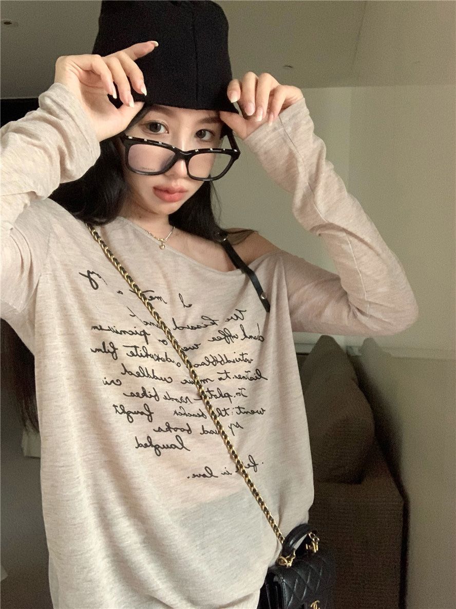 竹節螺紋 露肩吊帶長袖T恤女夏薄款字母寬鬆防曬罩衫打底小衫上衣
