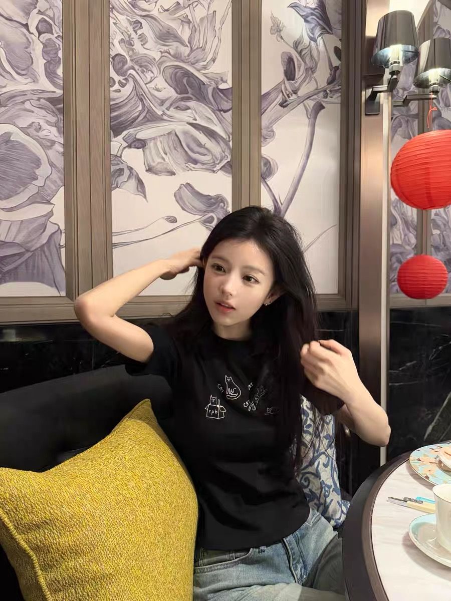純棉 韓國chic夏季新款韓版修身顯瘦字母印花短袖t恤女百搭上衣潮