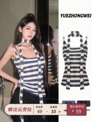 2025夏季新款韓版甜酷設計方領撞條紋圍脖背心