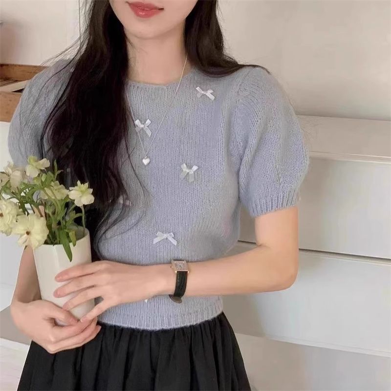 2025年新款春夏小蝴蝶結短袖圓領套頭針織衫女甜美軟糯糯毛衣上衣