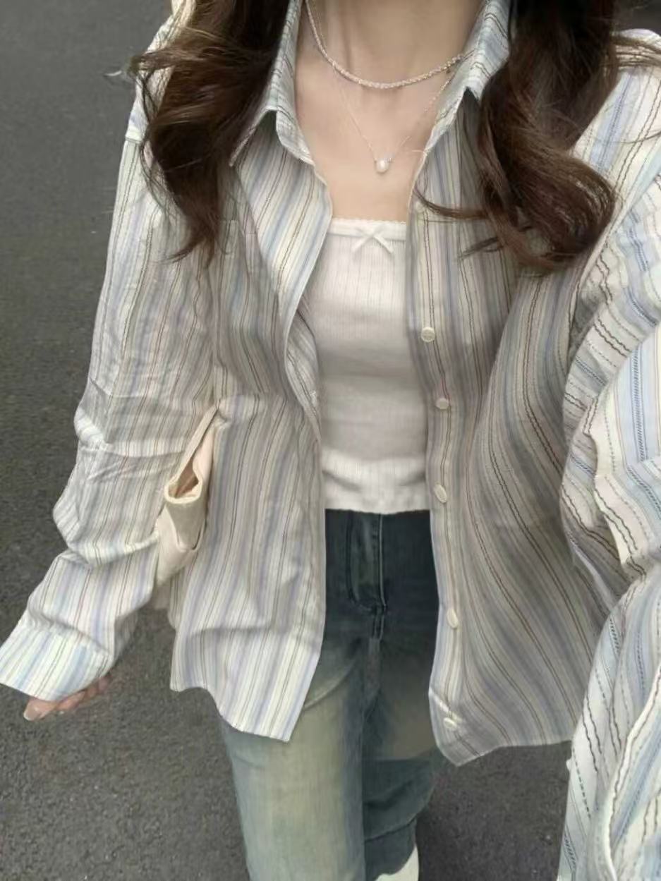 Korean blue retro striped long-sleeved shirt jacket for women in summer loose thin layered sunscreen shirt cardigan trendy