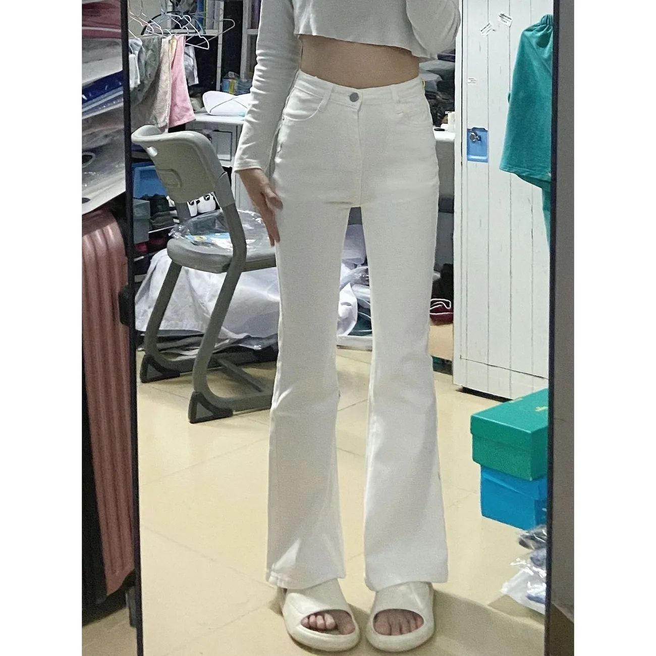 2025 summer American white micro-flare jeans for women new high-waist slim slim drooping horseshoe pants