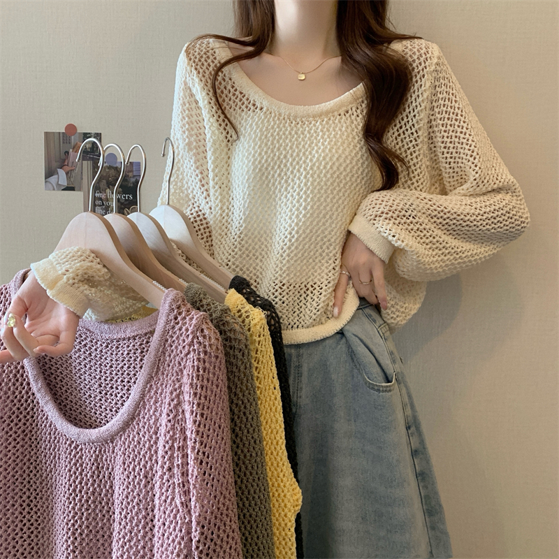 Real shot, new Korean style design, hollow sunscreen long-sleeved knitted sweater