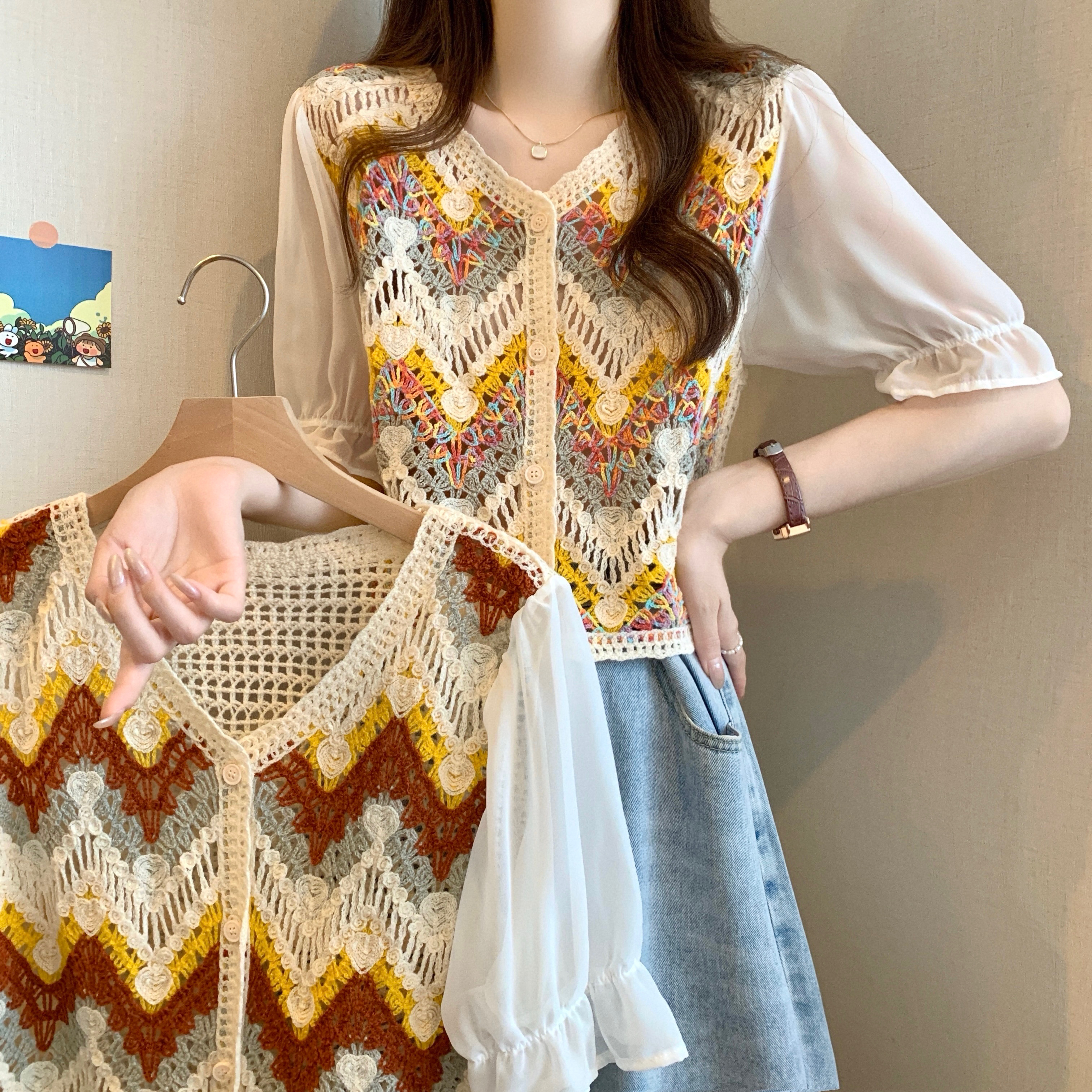 Real shot, new version of retro summer embroidery hollow color block design short-sleeved top