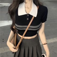 美式復古短袖針織打底衫女翻領條紋百搭修身短款上衣