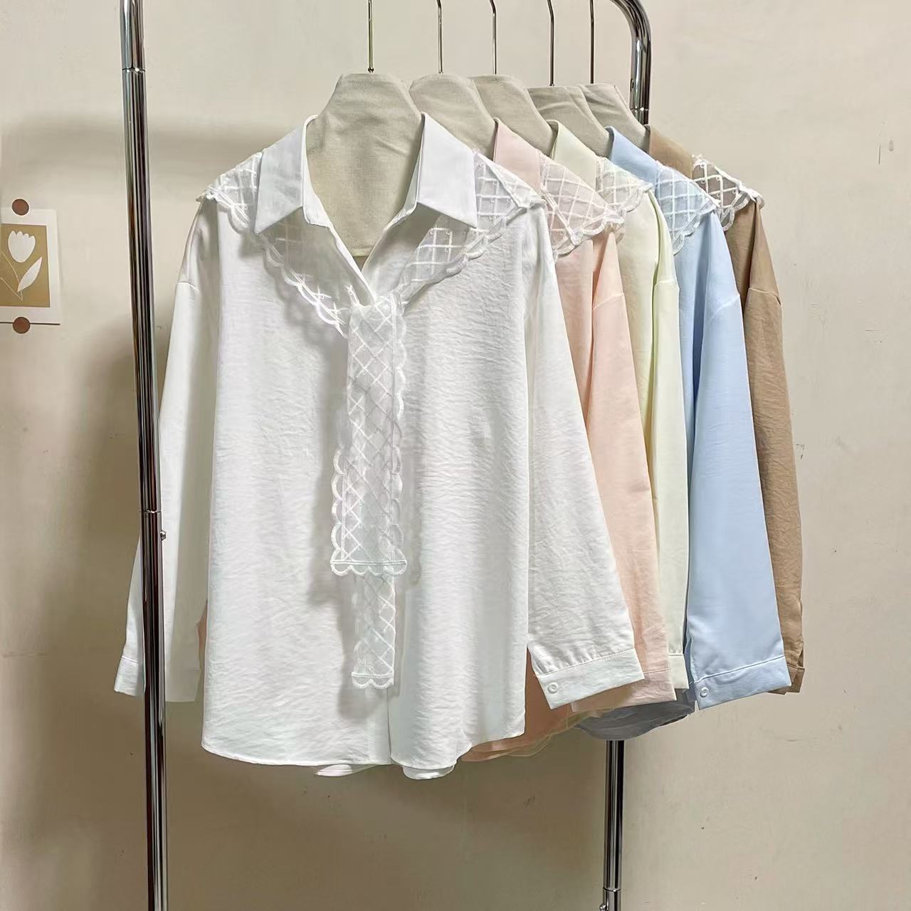 White lace shawl long sleeve shirt two-piece set for women's spring and autumn large size fat mm loose mid-length Polo collar top