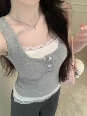 蕾絲拼接假兩件吊帶背心女夏季撞色修身辣妹打底衫上衣外穿