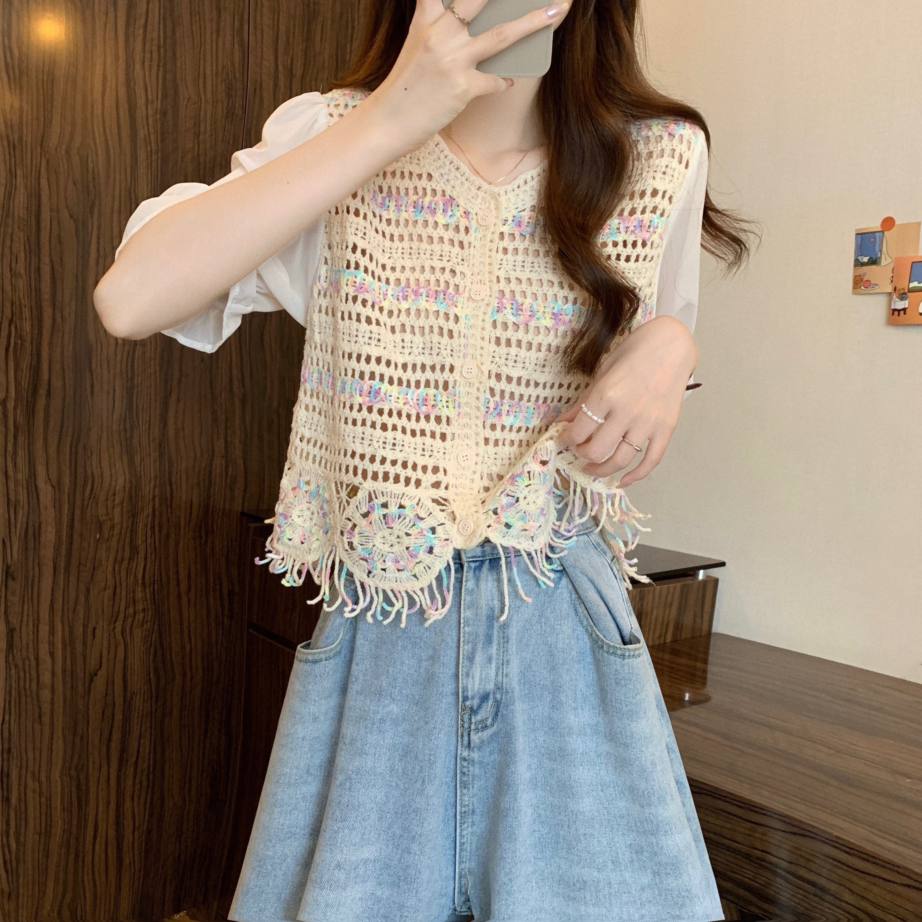 Real shot, new version of retro summer embroidery hollow color block design short-sleeved top