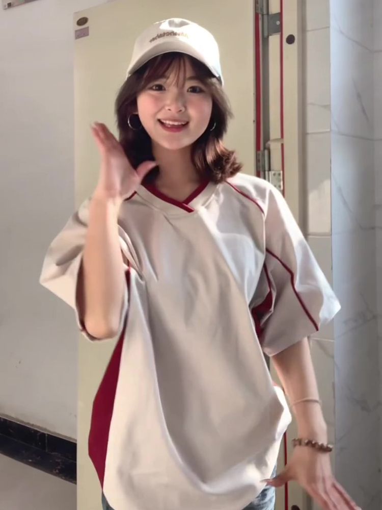 韓國chic純棉後包領2025夏季新款韓版V領拼色寬鬆短袖T恤女上衣潮