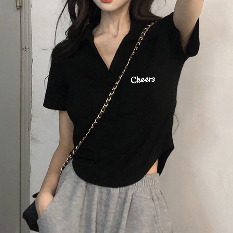 95 cotton 5 spandex quality white irregular polo collar short sleeve shoulder T-shirt for women for summer