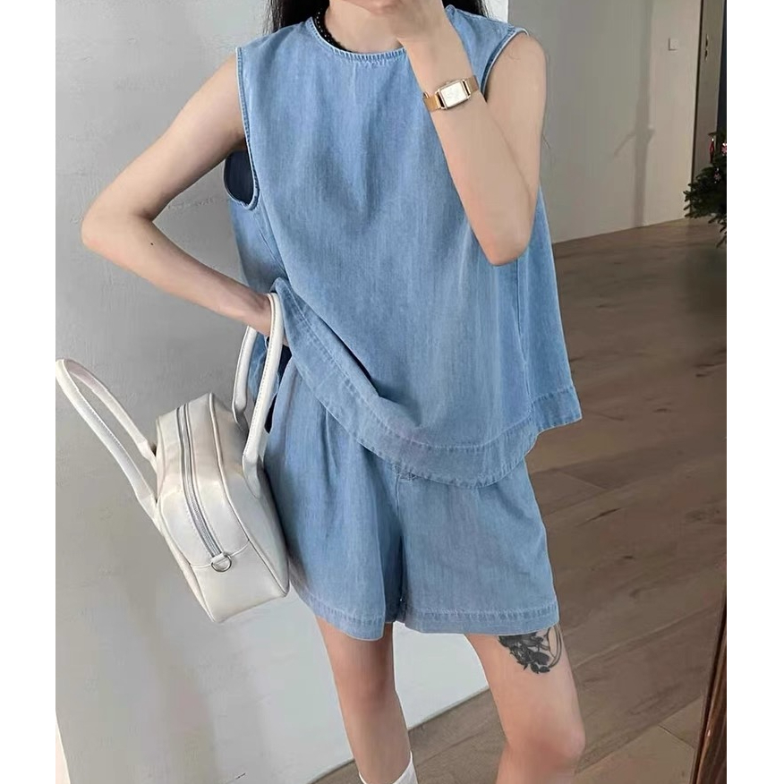 New imitation denim vest suit for women in summer Korean slim sleeveless top elastic waist shorts two-piece set