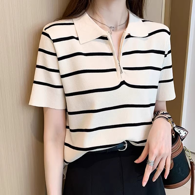 Women's Polo neck short-sleeved T-shirt for women's summer new fashionable lapel striped ice silk knitted top