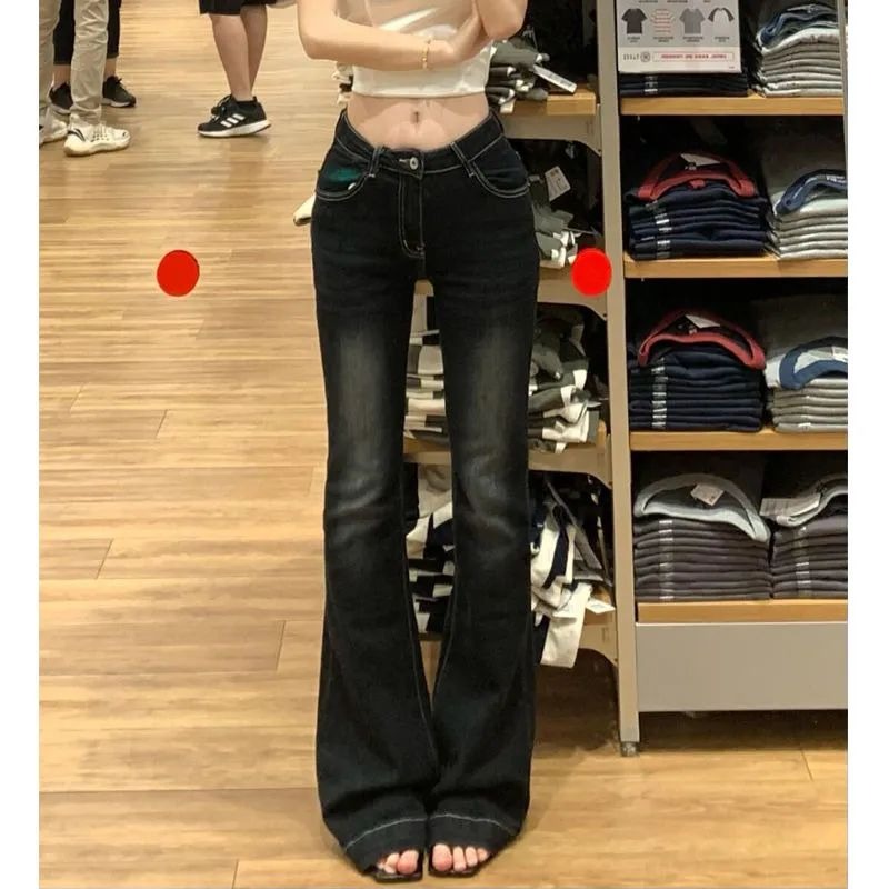 2025 summer retro dark blue slightly flare jeans for women with high waist stretch straight slimming horseshoe trousers