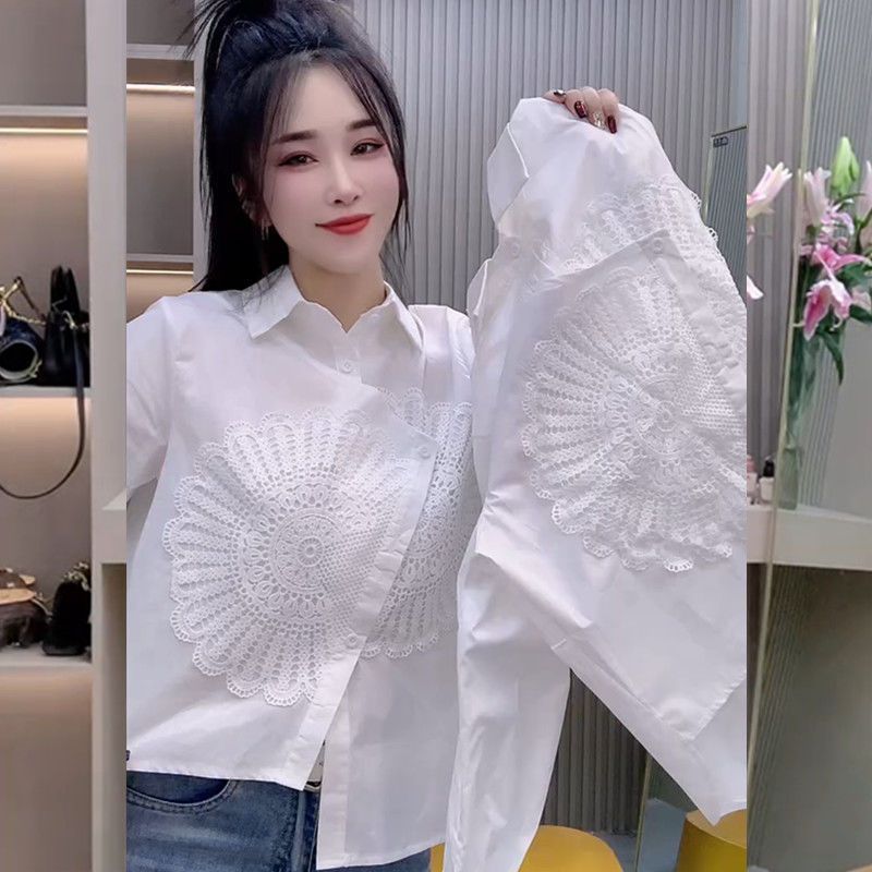 2025新款時尚減齡不規則重工刺繡拼接襯衫女時尚蕾絲拼接純色上衣