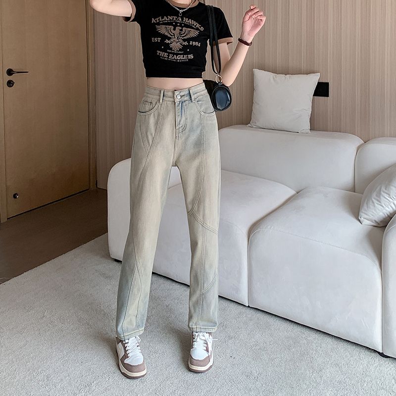 Real shot Korean American retro pants high street yellow mud dyed jeans women's new niche slim straight pants