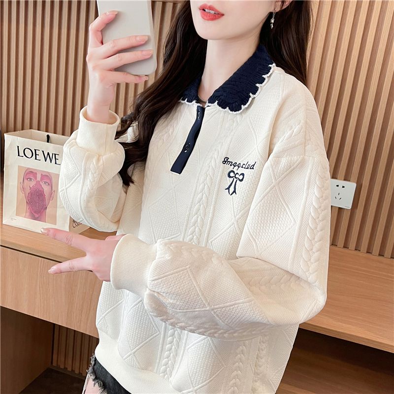 Real shot Korean loose spring and autumn style embroidered splicing jacquard polo collar sweatshirt for women