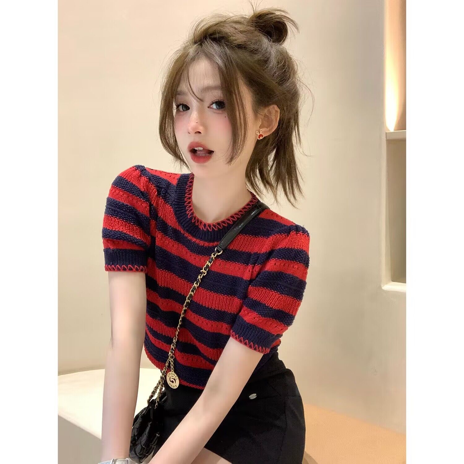 2025新款法式甜美圓領T恤條紋針織衫女奶里奶氣別致短袖上衣夏季