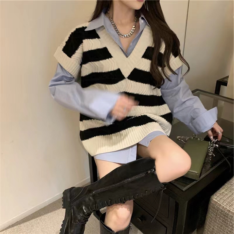 疊穿i秋冬新款針織背心馬甲條紋時尚復古寬鬆百搭毛衣馬夾女