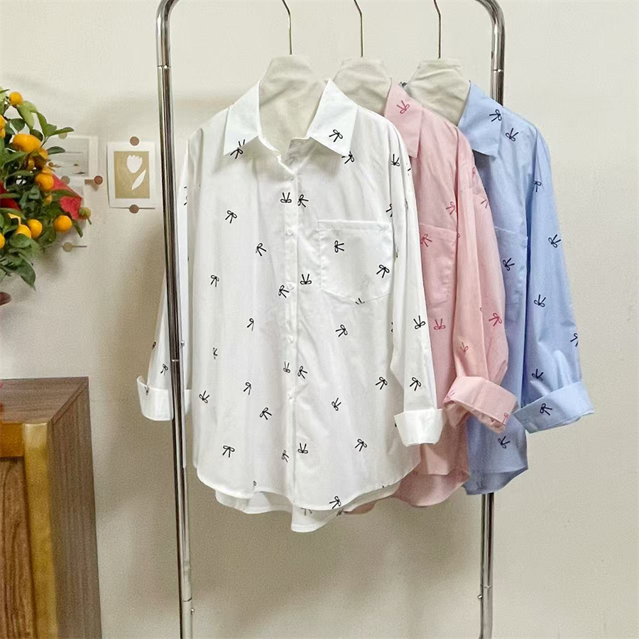 Real photo of bow printed long-sleeved shirt for women in spring new sweet sun protection loose mid-length cardigan top
