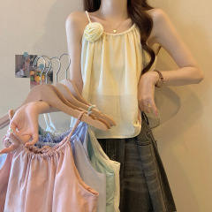 Real shot, new Korean style summer gentle solid color simple suspender doll shirt