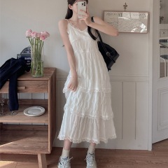 2025百搭吊帶連衣裙女夏季蕾絲花邊茶歇裙氣質溫柔風中長裙子